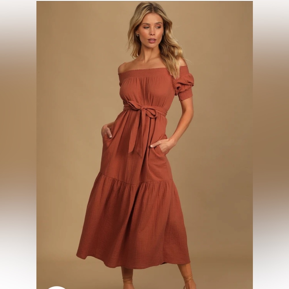 LULUS Ready for Sunshine Rust Orange Off-the-Shoulder Maxi Dress size XS